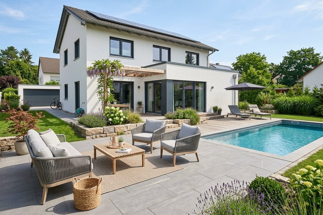 Fertiger Pool mit Treppe und Terrassenplatten, Foto von poolux.de