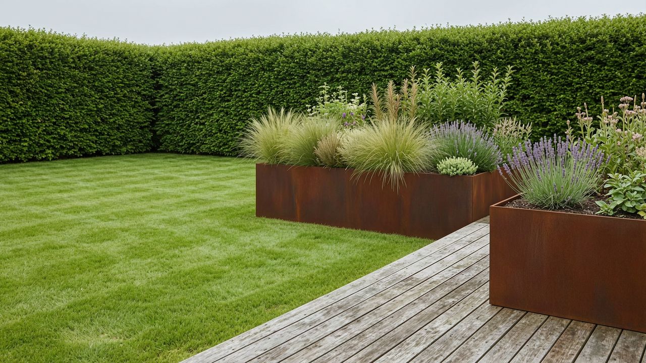 Symbolbild, mit KI erzeugt: Garten mit Rasen, Holzdeck und Hochbeeten aus Cortenstahl mit Gräsern und Lavendel vor einer Hainbuchenhecke. Kein Projekt von Bazid Daoud.
